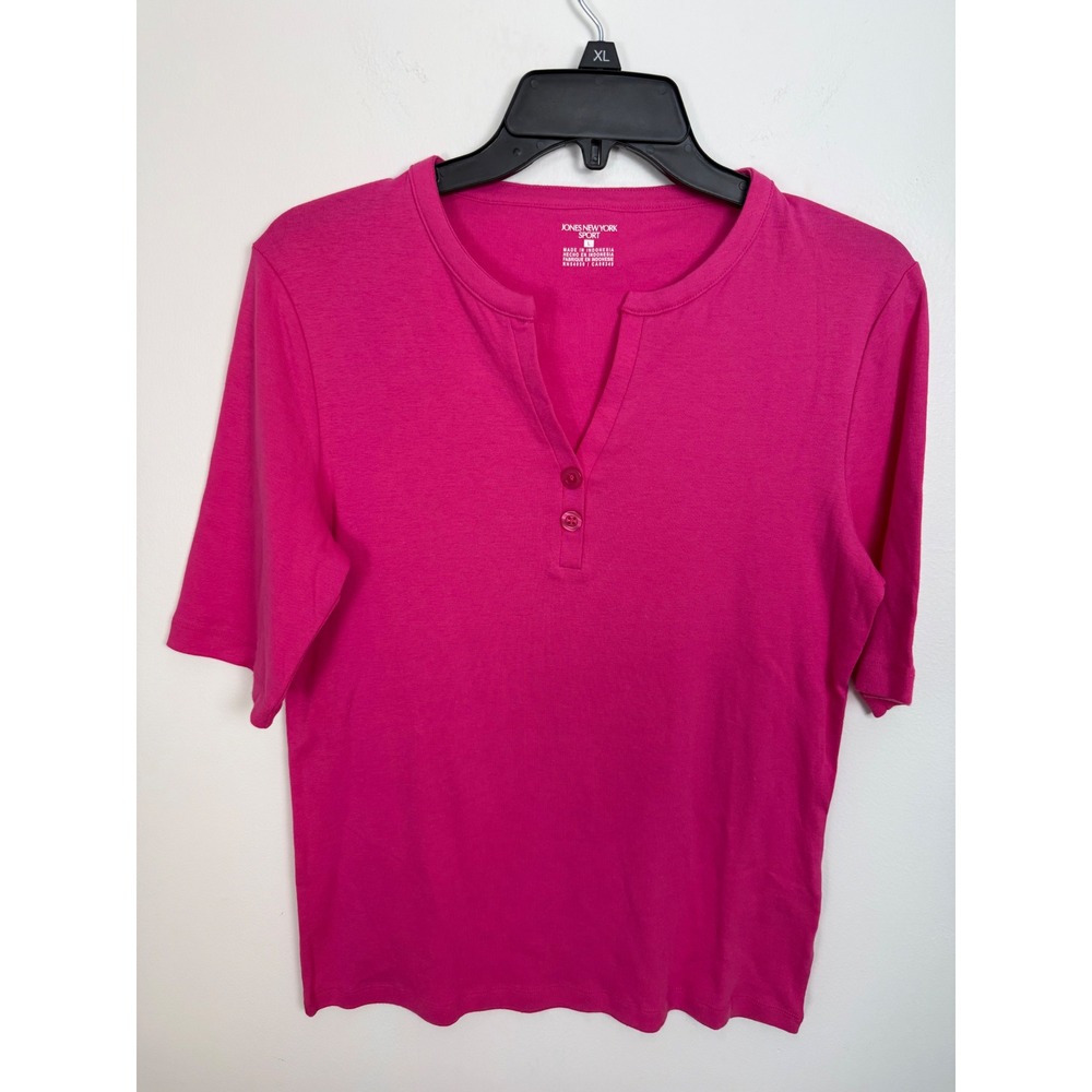 Jones New York Sport Pink Cotton Split Neck Henley Short Sleeve Top Large